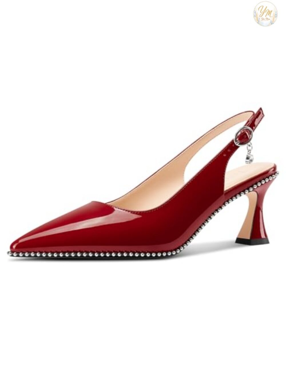 Women's Kitten Heel Slingback Pumps Beaded Pointed Toe Patent Leather 2.6 Inch